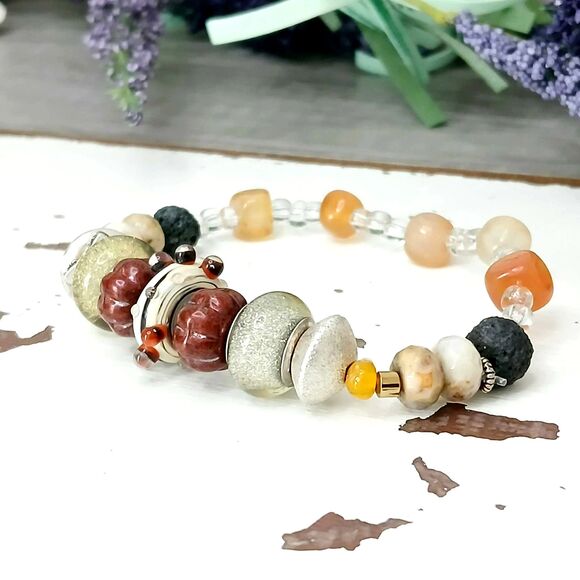 Boho Chic Statement Beaded Stretch Bracelet, Agate Gemstone Stackable OOAK - Picture 1 of 4